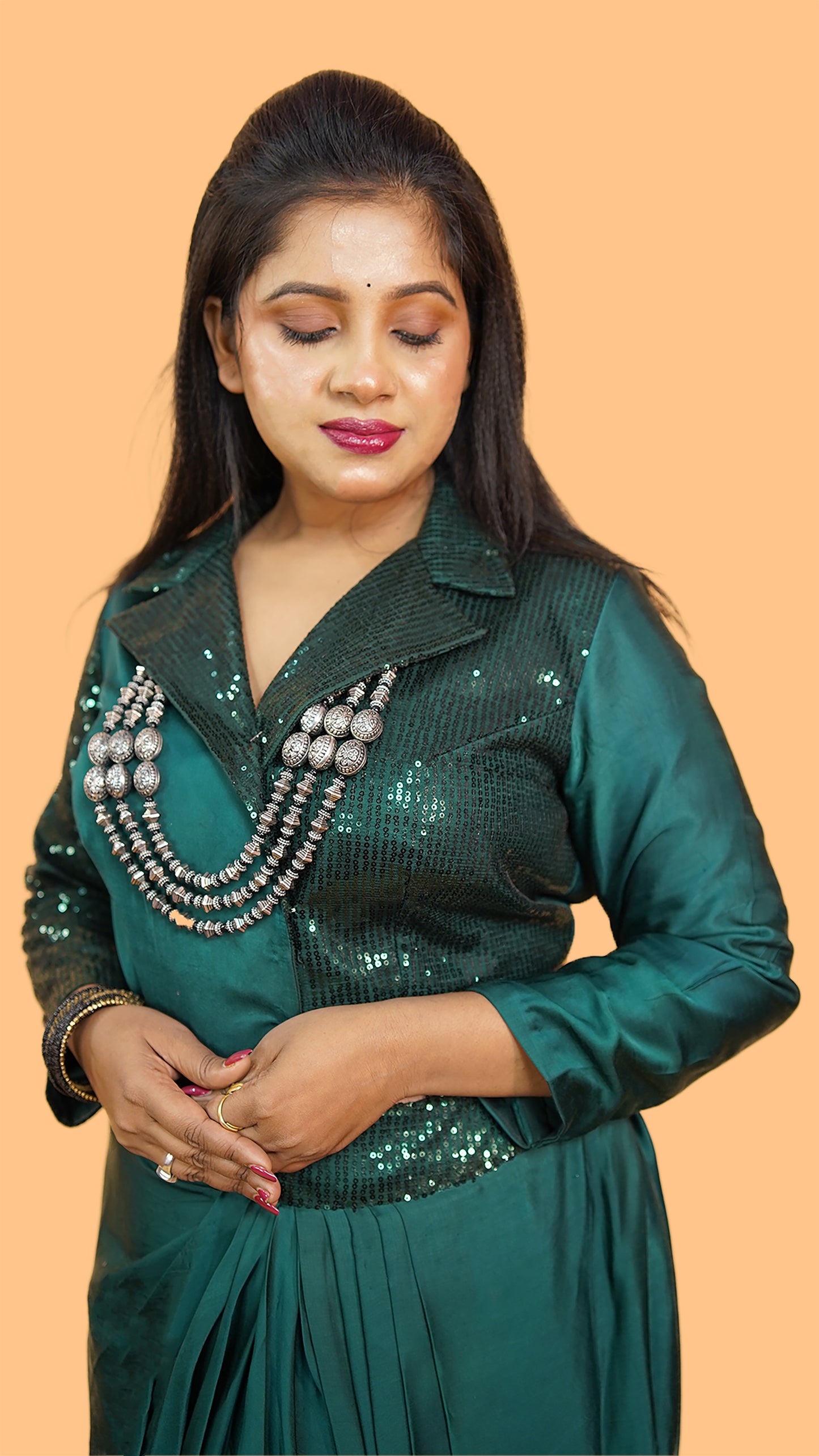 DRAPE SKIRT AND HALF SEQUINS AND HALF FABRIC SHIRT IN MODAL SATIN FABRIC IN  GREEN COLOUR