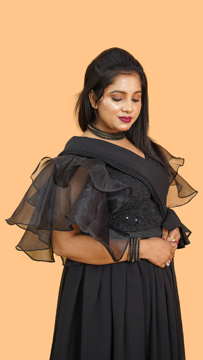 DRAPE SKIRT WITH PANT N EMBELLISHED BLOUSE WITH LAYERED SLEEVES