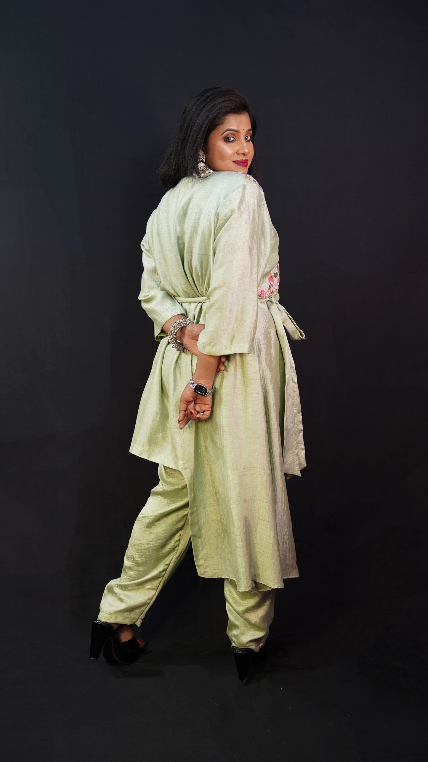 ONE SIDE PLAIN AND ONE SIDE PLEATED CO-ORD SET IN MINT GREEN WITH THREAD WORK DETAILING