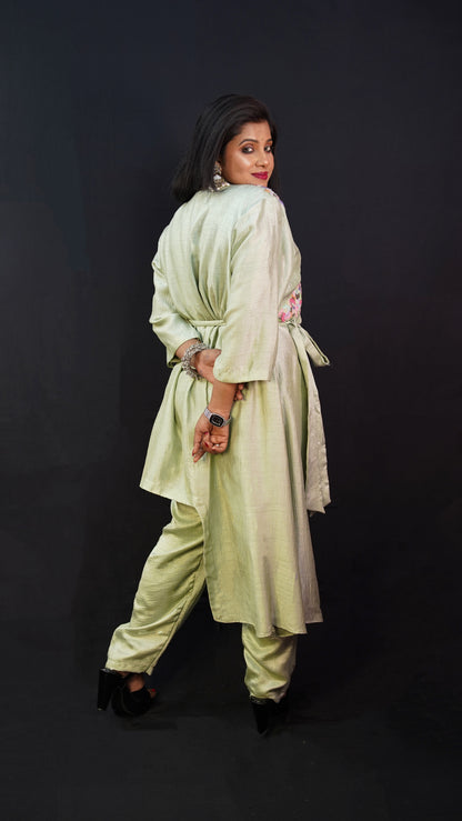 ONE SIDE PLAIN AND ONE SIDE PLEATED CO-ORD SET IN MINT GREEN WITH THREAD WORK DETAILING