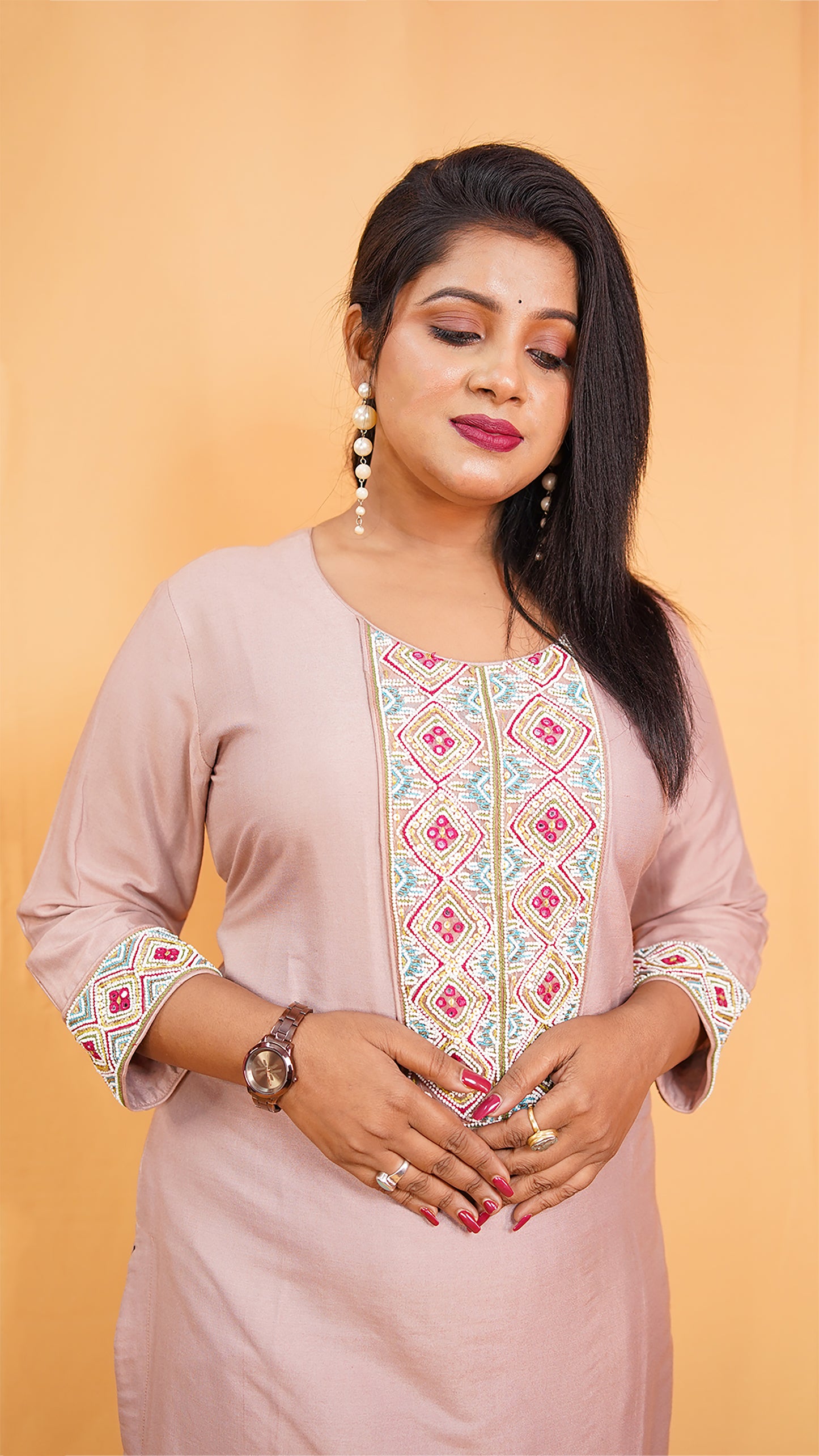 BLUSH PINK CO-ORD SET WITH MOTI AND KATDANA DETAILING IN SILK MATERIAL