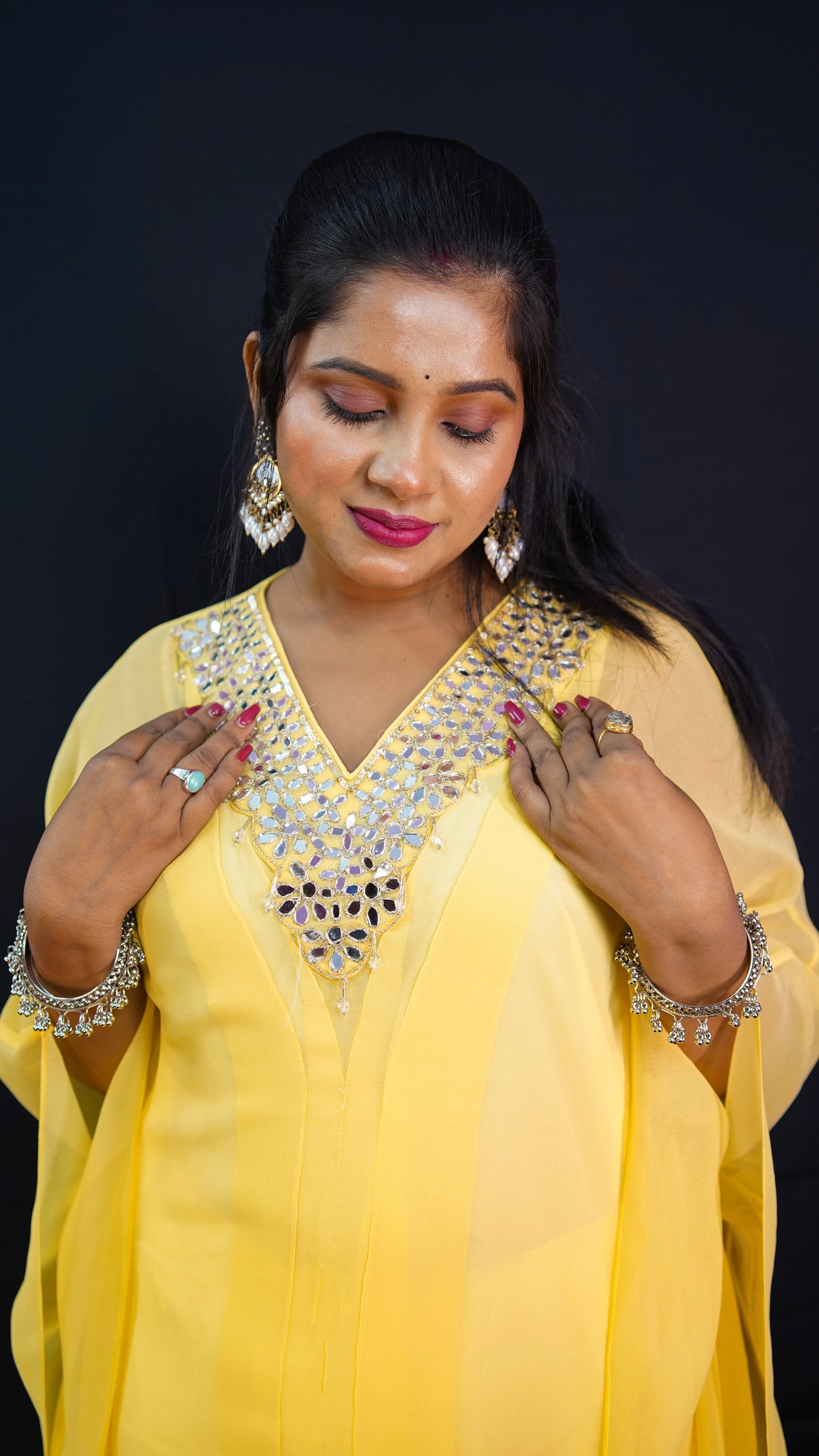 KAFTAN CO-ORD SET WITH MIRROR AND CRYSTAL EMBELLISHMENT ON THE NECK IN YELLOW COLOUR