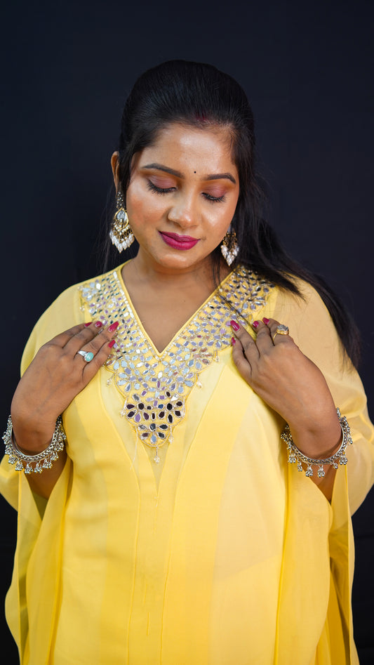 KAFTAN CO-ORD SET WITH MIRROR AND CRYSTAL EMBELLISHMENT ON THE NECK IN YELLOW COLOUR