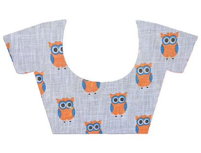 HANDLOOM LINEN SAREE IN OFFWHITE COLOR WITH ORANGE OWL BLOCK PRINTS ALL OVER BODY
