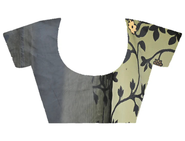 PURE HANDWOVEN MUSLIN SILK IN BLACK COLOR  WITH SELF LEAF WOVEN MOTIFS AND GOLDEN FLOWER BUTIS