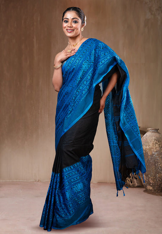 BLACK AND ROYAL BLUE HANDWOVEN BEGAMPURI SAREE