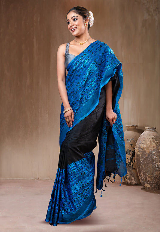 BLACK AND ROYAL BLUE HANDWOVEN BEGAMPURI SAREE