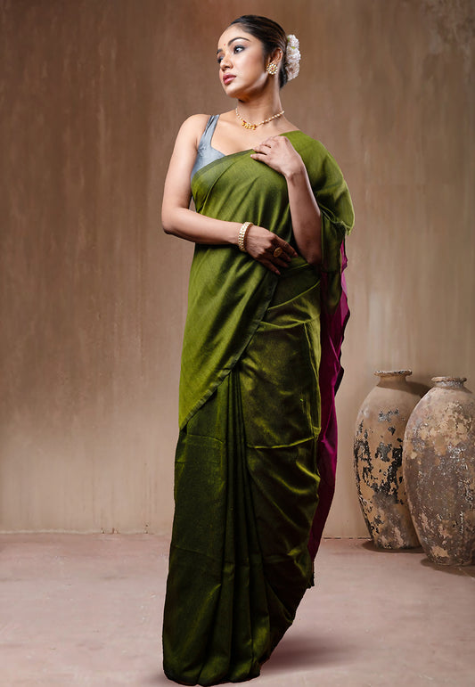 OLIVE GREEN AND MAGENTA HANDLOOM COTTON SAREE WITH TASSEL PALLU