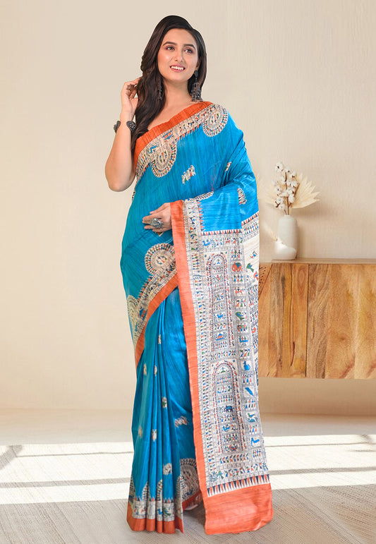 PURE BISHNUPURI GHICHA TUSSAR SILK IN BRIGHT AZURE BLUE COLOR INTRICATE MADHUBANI HAND PAINTED DESIGN