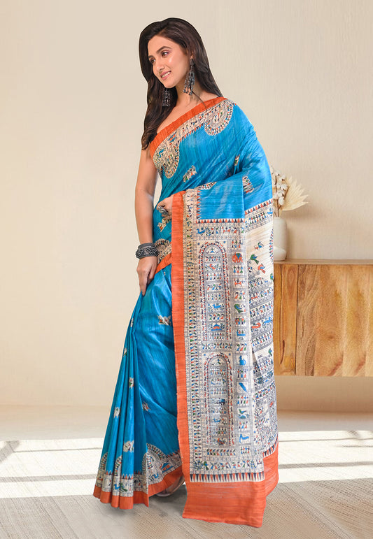 PURE BISHNUPURI GHICHA TUSSAR SILK IN BRIGHT AZURE BLUE COLOR INTRICATE MADHUBANI HAND PAINTED DESIGN