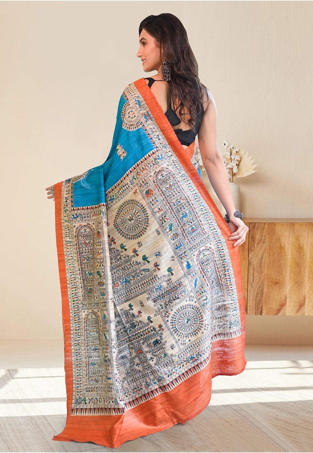 PURE BISHNUPURI GHICHA TUSSAR SILK IN BRIGHT AZURE BLUE COLOR INTRICATE MADHUBANI HAND PAINTED DESIGN