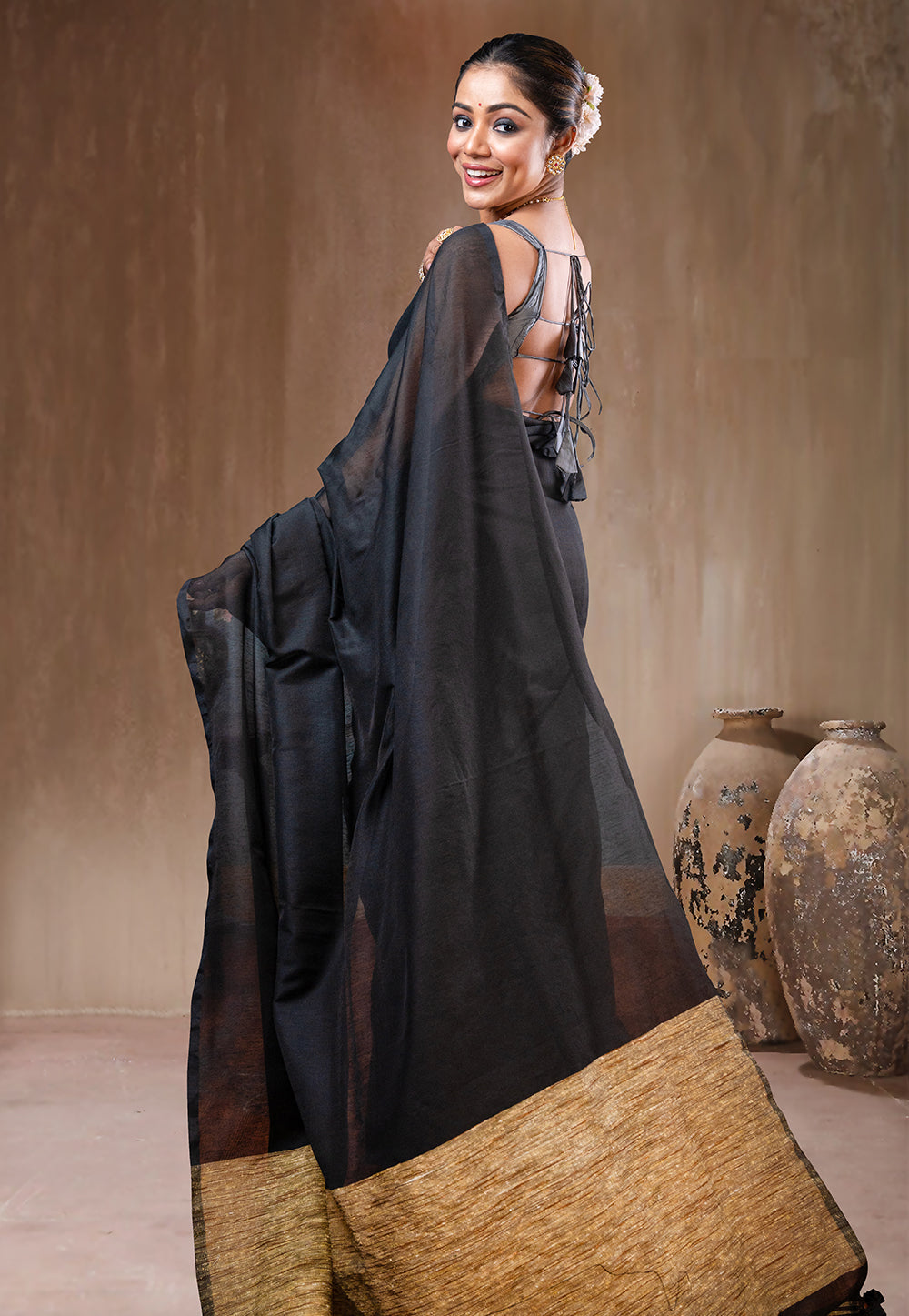 BLACK COTTON HANDLOOM SAREE WITH GHEECHA AND TASSEL PALLU
