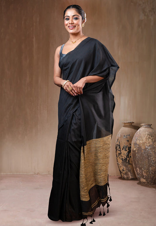 BLACK COTTON HANDLOOM SAREE WITH GHEECHA AND TASSEL PALLU
