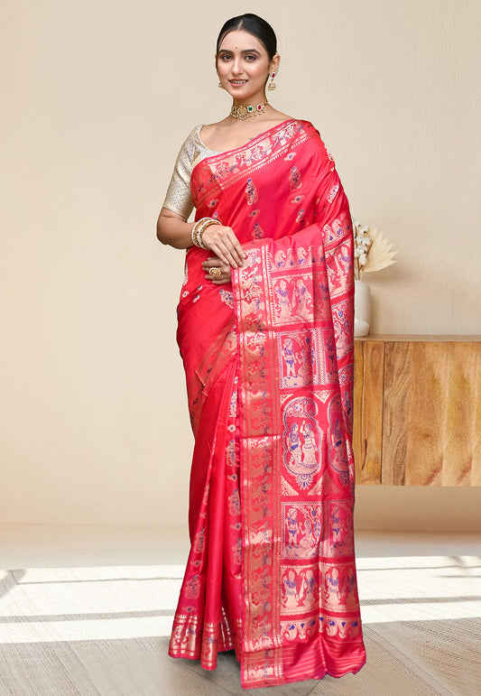 PURE HANDWOVEN SWARNACHARI SILK SAREE IN RED COLOR WITH DUAL-COLOR MINAKARI ZARI WEAVING