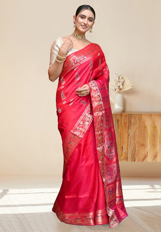 PURE HANDWOVEN SWARNACHARI SILK SAREE IN RED COLOR WITH DUAL-COLOR MINAKARI ZARI WEAVING