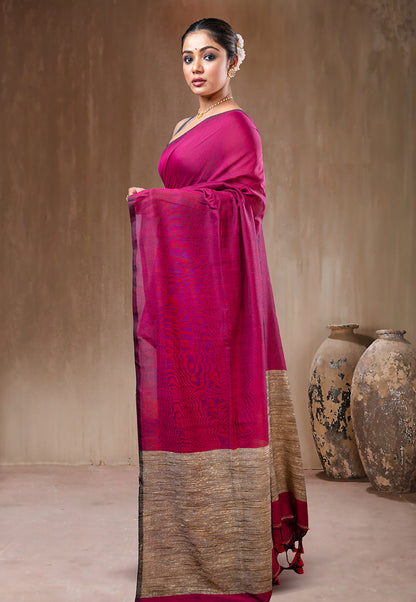 MAGENTA COTTON HANDLOOM SAREE WITH GHEECHA AND TASSEL PALLU