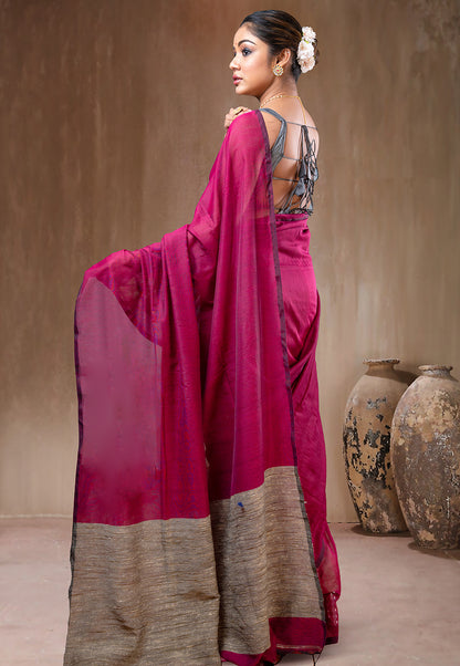 MAGENTA COTTON HANDLOOM SAREE WITH GHEECHA AND TASSEL PALLU