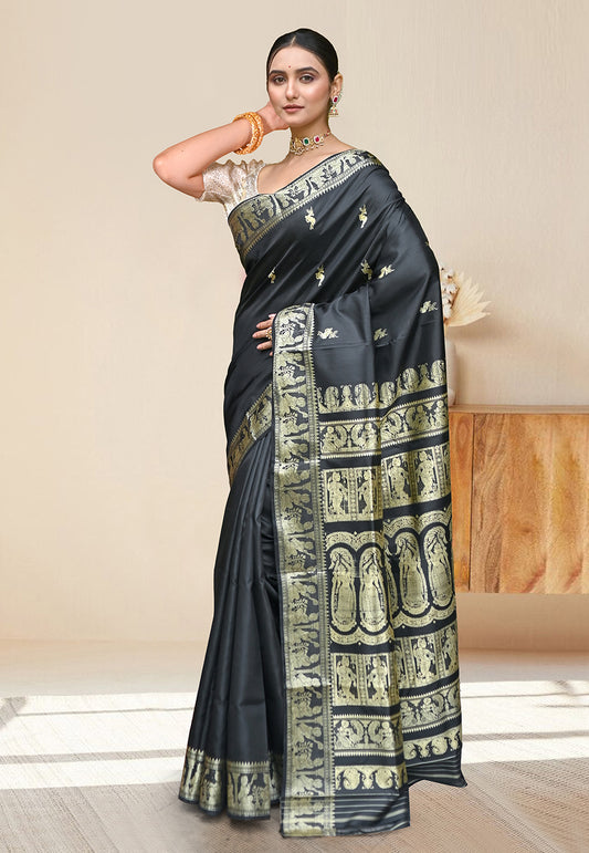 PURE HANDWOVEN BALUCHARI SILK SAREE IN BLACK COLOR WITH TRADITIONAL RESHAM WEAVING