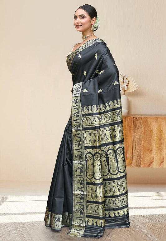 PURE HANDWOVEN BALUCHARI SILK SAREE IN BLACK COLOR WITH TRADITIONAL RESHAM WEAVING
