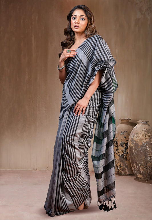 GREY HANDLOOM COTTON SAREE WITH BLACK STRIPE AND TASSEL PALLU