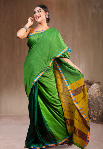 GREEN AND YELLOW HANDLOOM COTTON SAREE WITH GOLDEN ZARI BORDER AND PALLU
