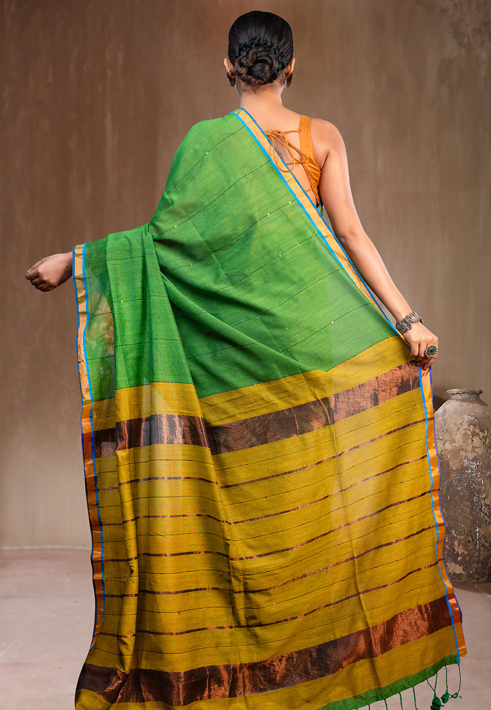 GREEN AND YELLOW HANDLOOM COTTON SAREE WITH GOLDEN ZARI BORDER AND PALLU