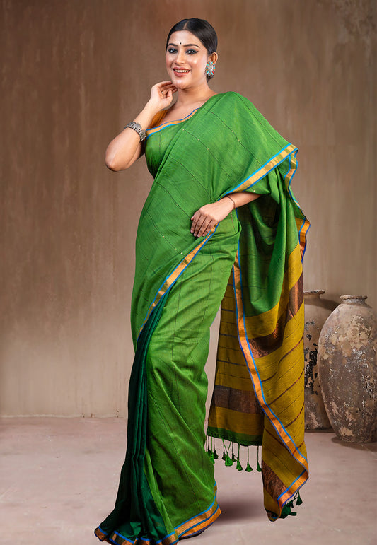 GREEN AND YELLOW HANDLOOM COTTON SAREE WITH GOLDEN ZARI BORDER AND PALLU