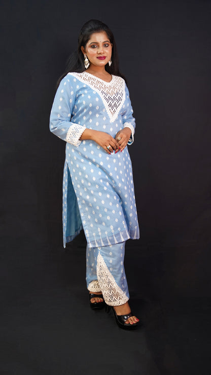 BLUE CO-ORD SET IN JAMDANI FABRIC WITH LACS DETAILING