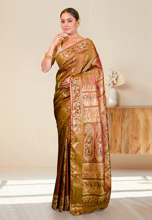 PURE HANDWOVEN BALUCHARI SILK SAREE IN GOLDEN DUAL TONED COLOR WITH EXQUISITE ZARI MINAKARI WORK IN DUAL COLOR