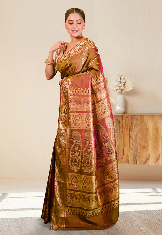 PURE HANDWOVEN BALUCHARI SILK SAREE IN GOLDEN DUAL TONED COLOR WITH EXQUISITE ZARI MINAKARI WORK IN DUAL COLOR