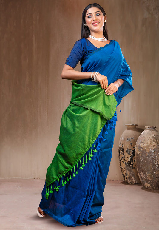BLUE AND GREEN HANDLOOM COTTON SAREE WITH TASSEL PALLU