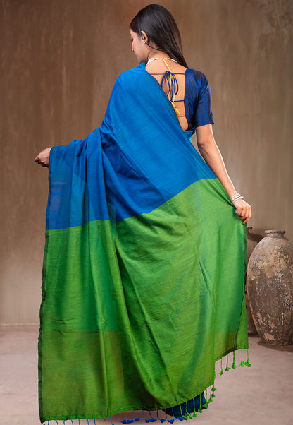 BLUE AND GREEN HANDLOOM COTTON SAREE WITH TASSEL PALLU