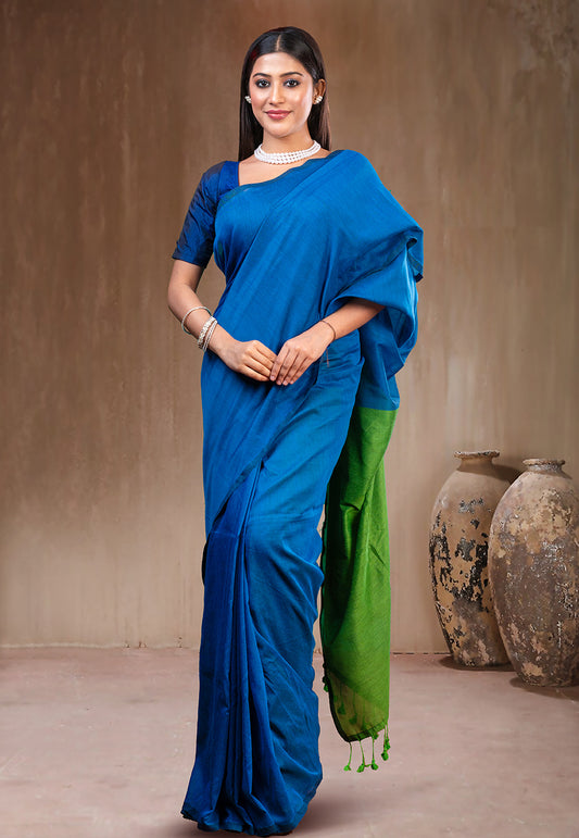 BLUE AND GREEN HANDLOOM COTTON SAREE WITH TASSEL PALLU