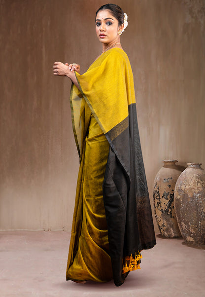 YELLOW AND  BLACK HANDLOOM COTTON SAREE WITH TASSEL PALLU
