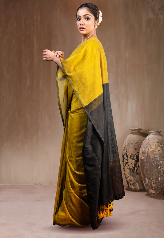 YELLOW AND  BLACK HANDLOOM COTTON SAREE WITH TASSEL PALLU