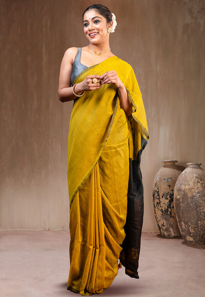 YELLOW AND  BLACK HANDLOOM COTTON SAREE WITH TASSEL PALLU