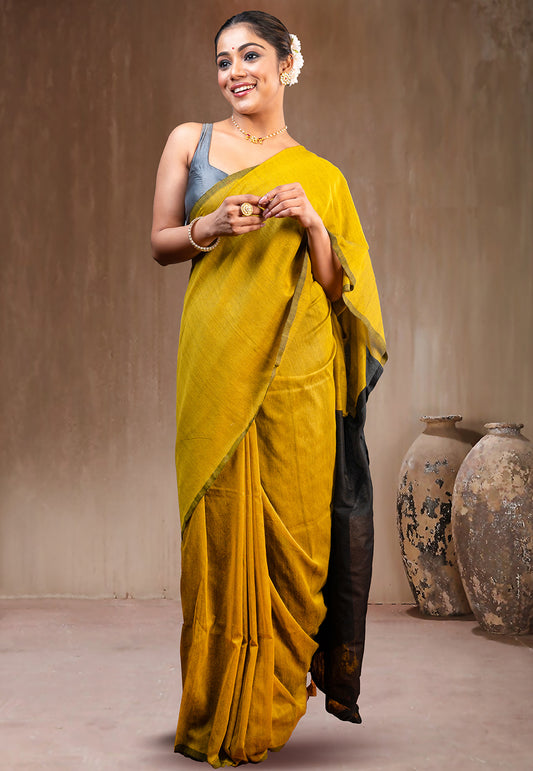 YELLOW AND  BLACK HANDLOOM COTTON SAREE WITH TASSEL PALLU