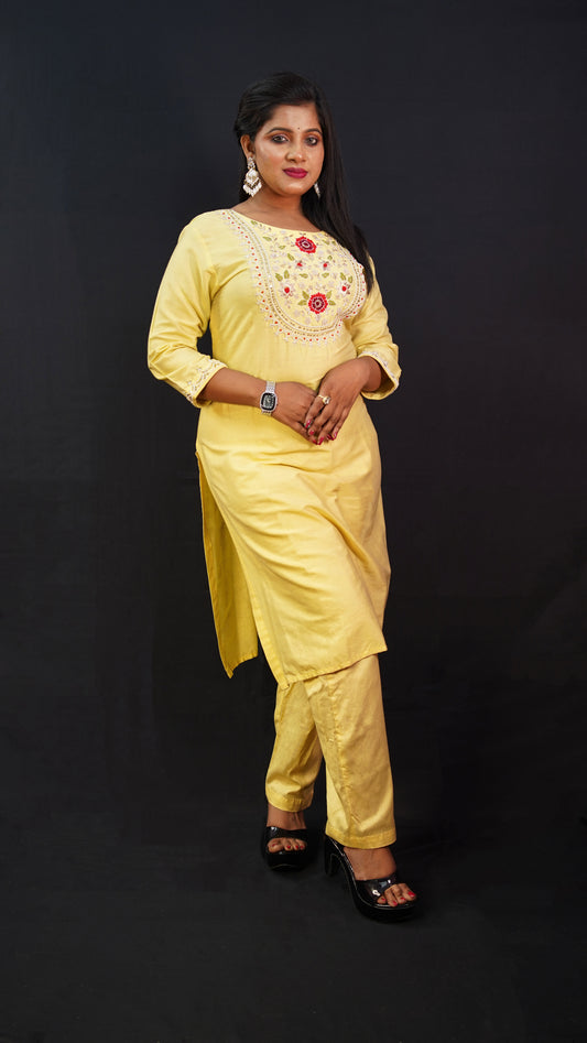 KURTA SET IN SILK MATERIAL IN YELLOW COLOUR WITH ZARDOZI AND THREAD WORK