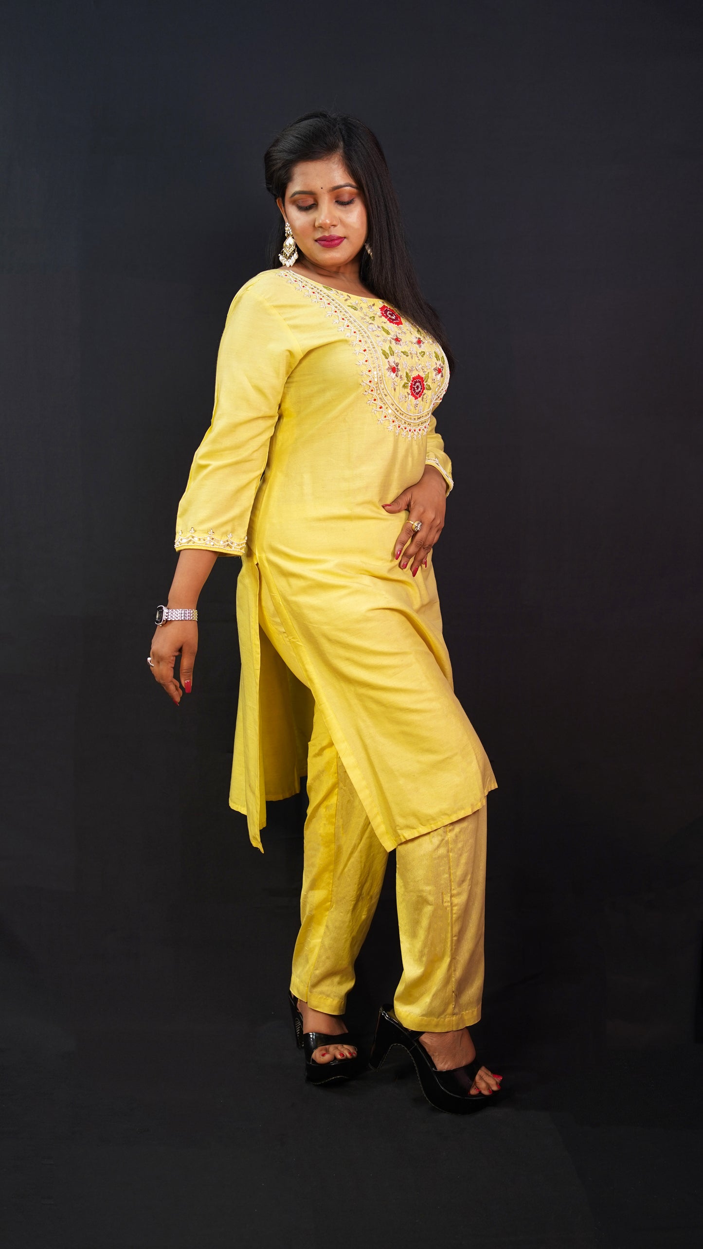 KURTA SET IN SILK MATERIAL IN YELLOW COLOUR WITH ZARDOZI AND THREAD WORK