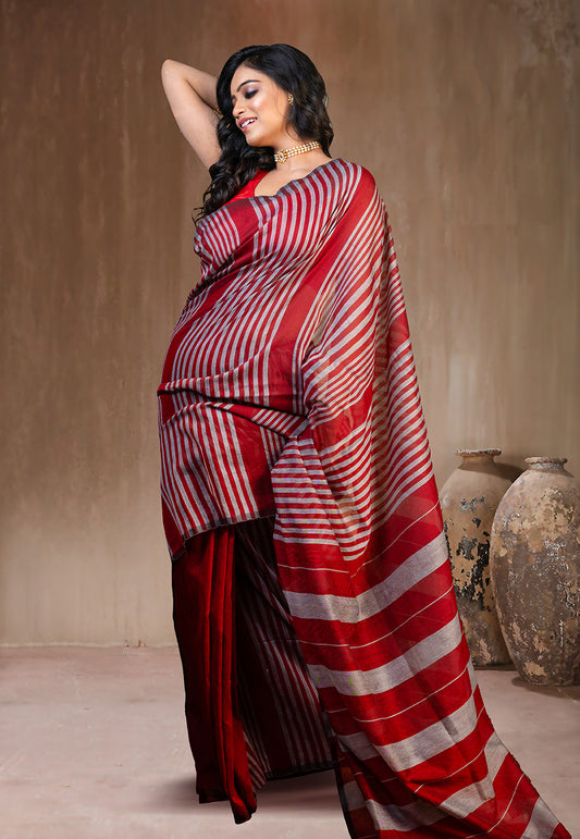 MAROON HANDLOOM COTTON SAREE WITH GREY STRIPE AND TASSEL PALLU