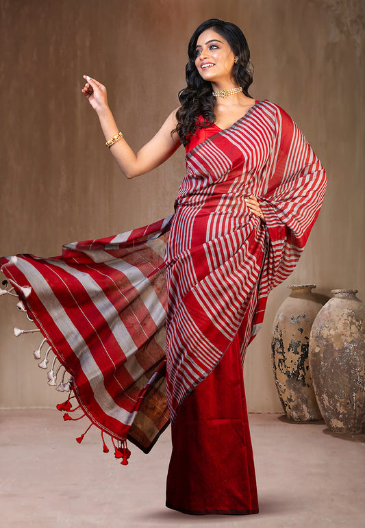 MAROON HANDLOOM COTTON SAREE WITH GREY STRIPE AND TASSEL PALLU