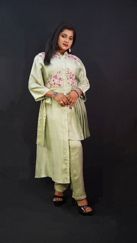 ONE SIDE PLAIN AND ONE SIDE PLEATED CO-ORD SET IN MINT GREEN WITH THREAD WORK DETAILING