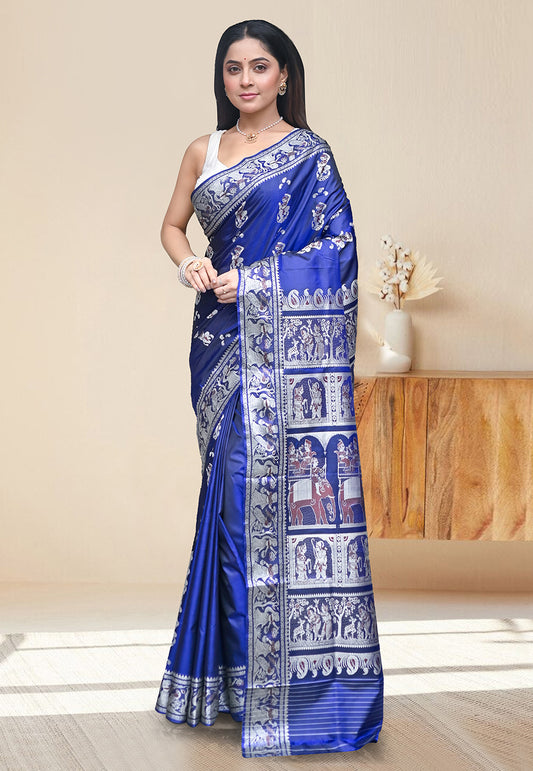 PURE HANDWOVEN BALUCHARI SILK SAREE IN BLUE COLOR WITH DUAL-COLOR MINAKARI RESHAM WEAVING