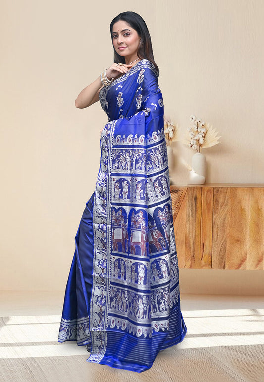 PURE HANDWOVEN BALUCHARI SILK SAREE IN BLUE COLOR WITH DUAL-COLOR MINAKARI RESHAM WEAVING