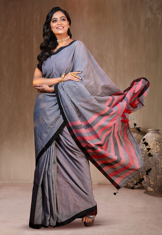 GREY HANDLOOM COTTON SAREE WITH RED STIPE PALLU