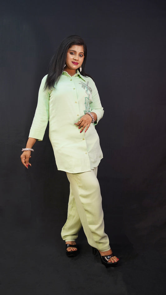 CO-ORD SET IN MINT GREEN WITH EMBELLISHMENT ON ONE SIDE