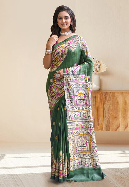 PURE BISHNUPURI GHICHA TUSSAR SILK IN FOREST GREEN COLOR INTRICATE MADHUBANI HAND PAINTED DESIGN