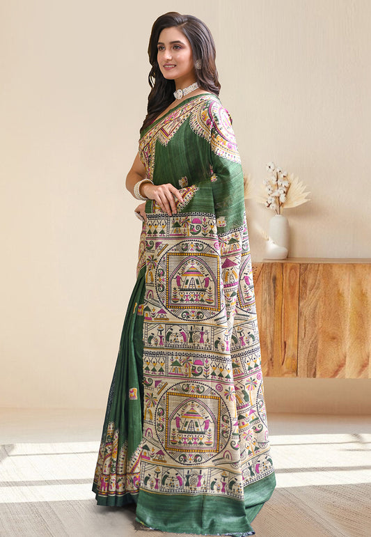PURE BISHNUPURI GHICHA TUSSAR SILK IN FOREST GREEN COLOR INTRICATE MADHUBANI HAND PAINTED DESIGN