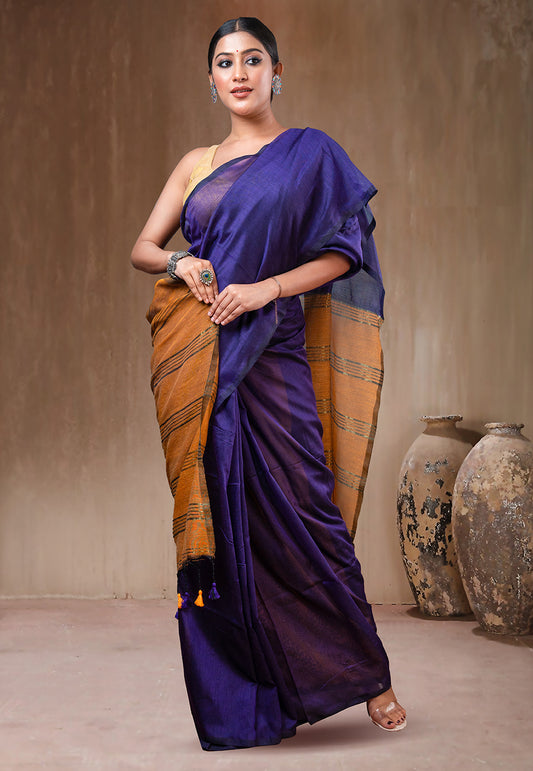 INK BLUE AND YELLOW HANDLOOM COTTON SAREE WITH GOLDEN ZARI BORDER AND PALLU WITH TASSEL PALLU