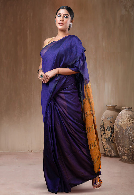 INK BLUE AND YELLOW HANDLOOM COTTON SAREE WITH GOLDEN ZARI BORDER AND PALLU WITH TASSEL PALLU